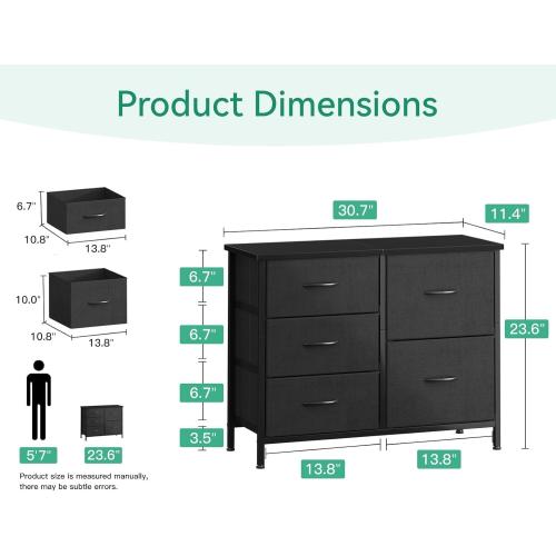 AODK Dresser for Bedroom Dresser TV Stand with 5 Storage Drawers, Small Fabric Dresser Chest of Drawers for Closet Organizer Clothes, Black