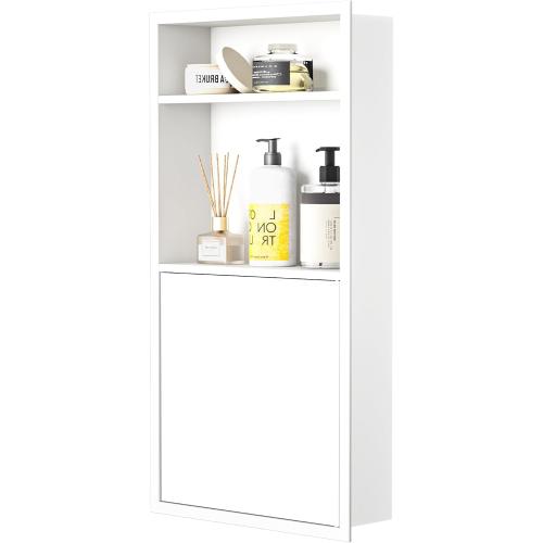 Recessed Medicine Cabinet with Door 24 X 12 White Wall Niche | Recessed wall niche w/ 3-tier shelf,space-saving,wall cabinet,dropped-in design,304 stainless steel,large storage