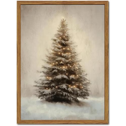Vintage Christmas Tree Wall Art, Winter Holiday Botanical Wall Decor Paintings, Rustic Pine Tree Canvas Prints Artwork Picture for Farmhouse Mantel Bedroom Living Room  Wood Framed
