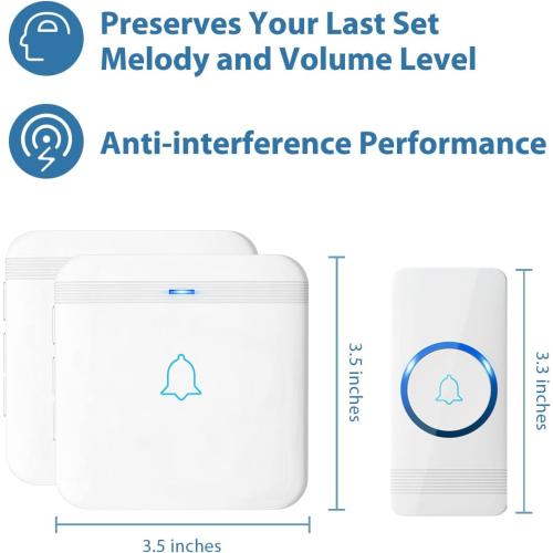 AVANTEK Wireless Doorbell, D-3W Waterproof Door Chime Kit Operating at over 1300 Feet with 2 Plug-In Receivers, 52 Melodies, CD Quality Sound and LED Flash