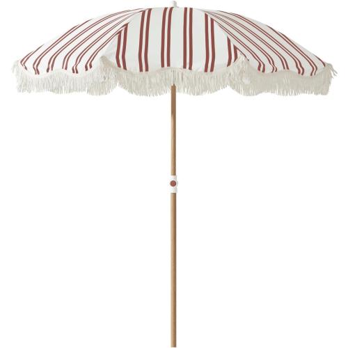 Striped 6.5FT Striped Beach Umbrella with Fringe, UPF 50  Sun Protection, Adjustable Height and Tilt Design, Wind-Resistant Fiberglass Ribs, Sturdy Wood Grain Iron Pole, Lightweight & Portable with Carry Bag, Base Not Included