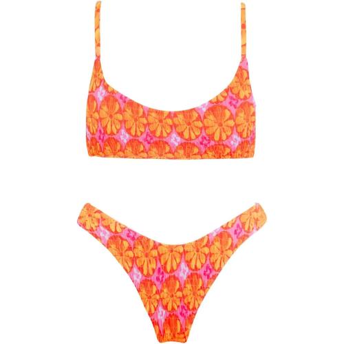 Size M.... Women's Triangle Bikini Set Smocked Textured Scoop Frilled Print Ruched Elastic Swimsuit Two Piece Bathing Suit