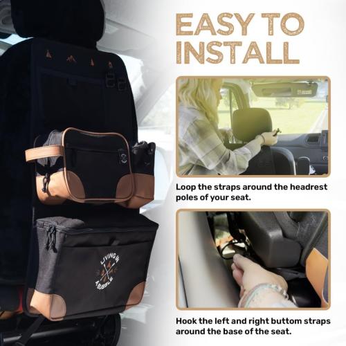 Living in a Bubble Seat back Organizer – Magnetic Toiletry and Cooler Pouch, Cordura Car Backseat Storage with Device Holder & Hooks, Multi-Compartment Utility Bag for Campervans & Family Travel