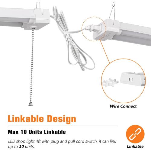 4FT Linkable 42W 4800LM 5000K LED Ceiling Lights for Garages, Pull Chain ON/Off, Linear Work Light Fixture with Plug, 2 Pack
