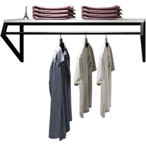 Modern Simple Men's and Women's Clothing Store Heavy Duty Metal Display Shelf,Wall-Mounted Garment Rack with Wood,Clothes Rail,Bathroom Hanging Towel Rack (Black Square Tube, B-57 L)