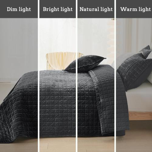 Quilt Set Oversized King Size 120x128 Luxurious Velvet Bedding Sets with Pillow Shams Ultra Soft Quilted Bedspread Coverlet Comforter for All Season,Black