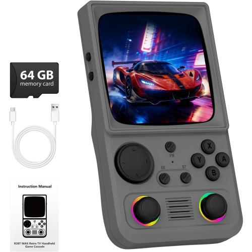 R36TMAX Retro Handheld Game Console, 4.0'' 720x720 IPS Screen, 64GB Supports 18000  Classic Games, EmuELEC System Supports WiFi Networked Fighting and OTG, 4000mAh, with Portable Case(Gray 64GB)