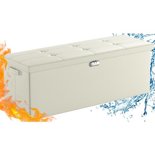ENGPOW Storage Ottoman, Fireproof Folding Bench with Lock(15”x 43”x15”), Water-Resistant ＆ Heat Insulation Large Storage Chest with Handles＆2 Extra Spaces Safe for Living Room, Bedroom, Home, Beige