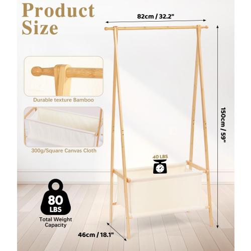 Bamboo Clothes Rack with Storage Box, Portable Extra Large Garment Rack Clothing Rack, Foldable Wardrobe For Entryway and Bed Room (M)