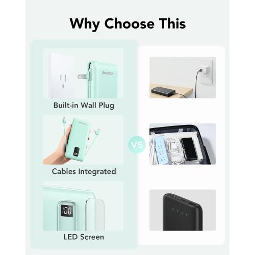 charmast Portable Charger with Built-in Cables and Plug, 10000mAh USB C Power Bank Fast Charging, External Battery Pack Slim, Travel Essentials Compatible with iPhones, Samsung Galaxy, iPad