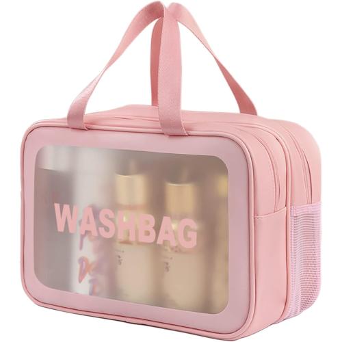 DAPOWER Travel Toiletry Bag for Women, Matte Translucent Toiletry Bag with Handy Handle, Makeup Cosmetic Organizer Bag for Travel Toiletries Accessories (Pink-XL)