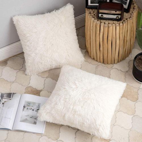 ANRODUO Pack of 2 Beige Throw Pillows Luxury Fluffy Pillows Faux Fur Decorative Pillows Plush Cushion Case Fuzzy Mongolian Merin Style for Bed Couch Sofa and Living Room Spring Home Decor 16x16 Inch