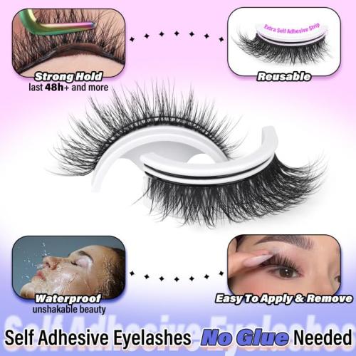 Black Natural Self Adhesive Lashes Cat Eye Lashes Wispy Self Adhesive Eyelashes No Glue Needed D-Curly Reusable Natural Strip Lashes Cat Eye False Eyelashes Natural Look by Zegaine