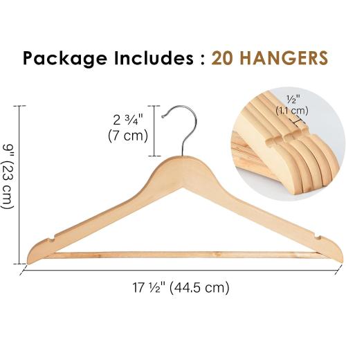 StorageWorks Wooden Hangers 20 Pack, Wood Coat Hanger for Coats, Shirts, Jackets, Pants, Suits, Black Color