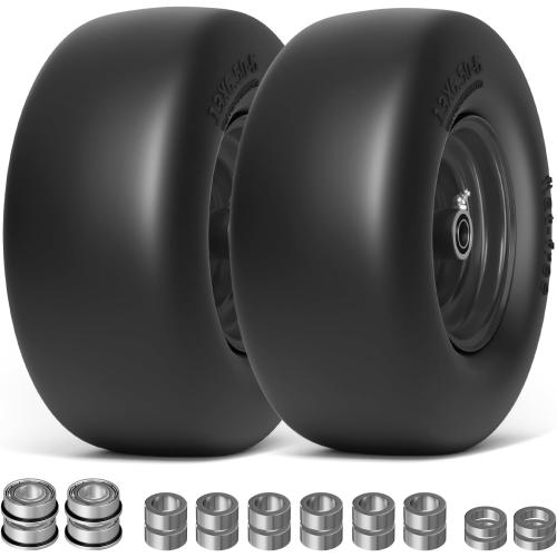 13x6.50-6 Lawn Mower Tires Flat Free, Zero Turn Mower Front Tires for Residential and Commercial, 13x6.5-6 Flat Free Tire and Wheel, 3/4 & 5/8 Bearing, 3.25-7.65 Center Hub, 2Pack Black