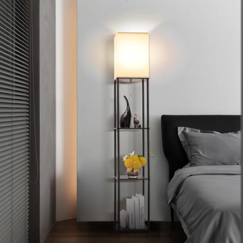 Floor Lamp with Shelves, Modern Square Standing Lamp with 3 Color Temperature Bulb, Corner Display Bookshelf Lamp for Living Room, Bedroom and Office (Black)