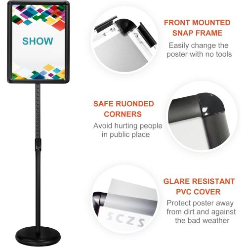 Black 8.5x11 Heavy Duty Floor Sign Stand Adjustable Pedestal Sign Holder Stand, Poster Stand Aluminum Snap Open Frame for 8.5X11 Inches with Heavy Round Base, Both Vertical and Horizontal Sign Displayed