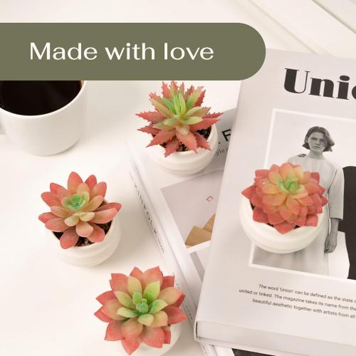 VIVERIE 4Pcs Pink Green Artificial Succulents in Pots (Plastic)- Small Artificial Plants, Office Decor, Office Home Halloween/Christmas Decor Gifts-Faux Plant Gifts for Women