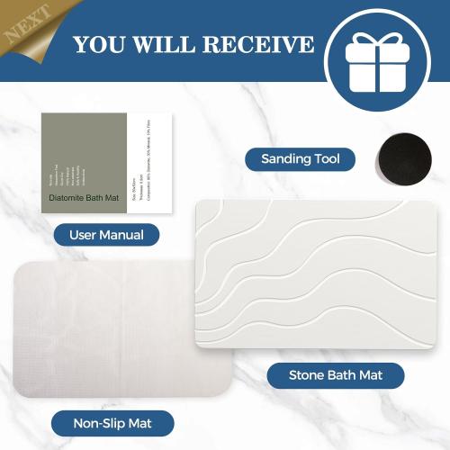 PUCUN Stone Bath Mat Diatomaceous Earth Non-Slip Shower Mat,Quick Drying Diatomite Bath Stone Mat for Bathroom Floor -Super Absorbent,Natural, Easy to Clean(24 * 16 White)