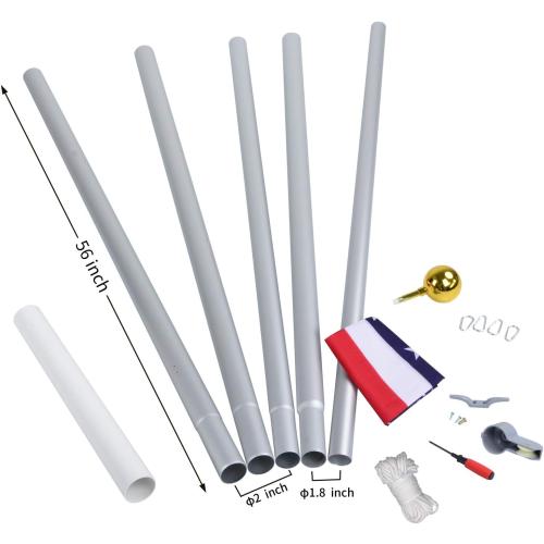 20FT Sectional Flag Pole Kit, 14 Gauge Extra Thick Heavy Duty Aluminum Outdoor In ground Flagpole for Residential or Commercial, Silver