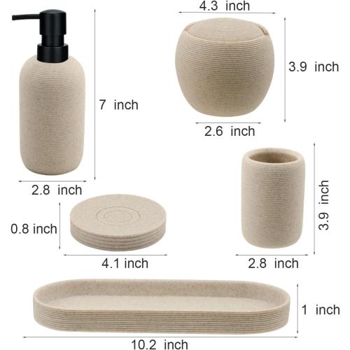 Beige Resin Bathroom Accessory Set, 5 Pcs Bathroom Accessories Set with Lotion Dispenser,Soap Dish,Toothbrush Holder,Vanity Tray,Qtip Holder Dispenser, Modern Bathroom Decor and Housewarming Gift Set