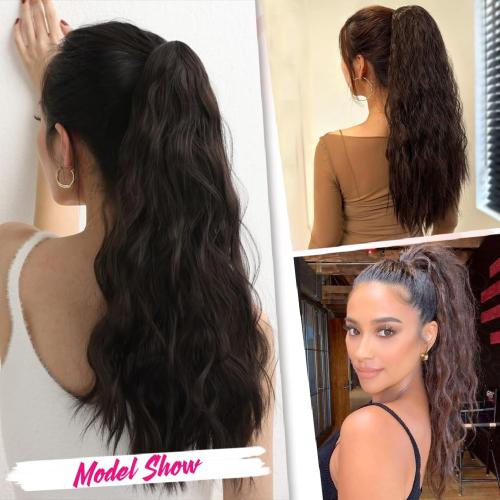 rosmile Corn Wave Drawstring Ponytail 140 Grams Natural Black Wave Ponytail Clip in Extension 22 Inches Synthetic Corn Curly Wave Ponytail for Black Women(1B,Natural Black)
