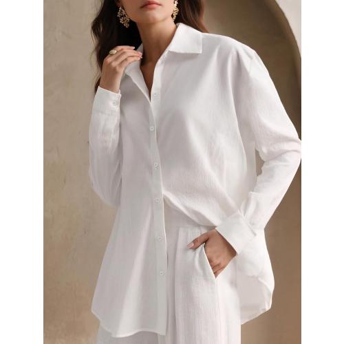 Women Medium Button Down Shirt Long Sleeve Solid Blouse Stretch Work Blouse Collared Casual Shirts for Business Office