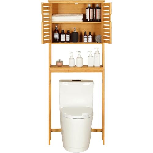 VIAGDO Over The Toilet Storage Cabinet, Tall Bathroom Cabinet Organizer with Cupboard and Adjustable Shelves, Freestanding Toilet Shelf Space Saver Rack Stand for Laundry Room, Balcony, Bamboo