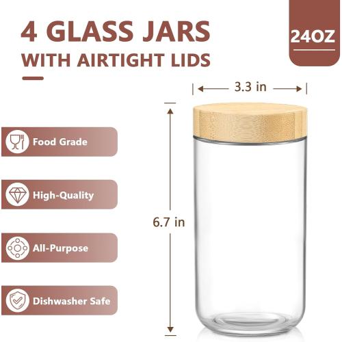 DRKIO 24 Oz Overnight Oats Containers with Bamboo Lids - 4 Pack Glass Storage Jars with Airtight Lids Wide Mouth Mason Food Jars Great for Meal Prep Salad Chia Pudding Snacks Yogurt Sugar Spice