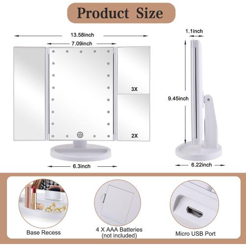 Trifold Makeup Mirror Vanity Mirror with Lights,1X 2X 3X Magnification,Touch Control,Adjustable Rotation,Dual Power Supply,Portable Travel Cosmetic Mirror,Birthday Gifts for Women,Teengirls