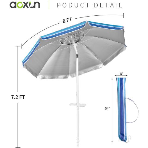 Blue 8ft Aoxun Beach Umbrella with Tray and Tilt Pole Portable Patio Umbrella with Sand Anchor and Carry Bag Outdoor UPF 50  Sun Shelter with Air Vents Design (Navy Blue)