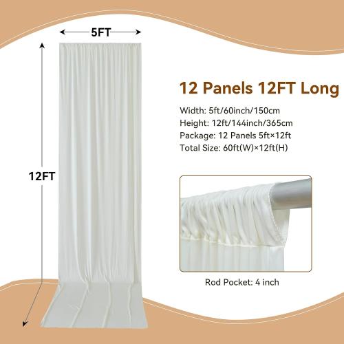 60×12ft Wrinkle Free Ivory Backdrop Curtain for Wedding Parties, 12 Panels 5×12ft Long Soft Silky Polyester Backdrop Drapes Cream Photo Back Drop Curtains for Party Photography Background Cloth