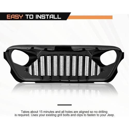 Color Black Front Vader Grille Compatible with 2018-2025 Wrangler JL & 2020-2025 Gladiator JT, w/o TrailCam (Glossy Black)