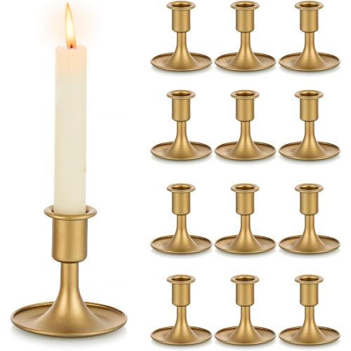 12 Pack Gold Taper Candle Holder Set of 12, Hewory Short Skinny Brass Candlestick Holders, Vintage Small Low Metal Candles Sticks for Wedding Centerpieces Christmas Birthday Party Holiday Dinning Table Decor