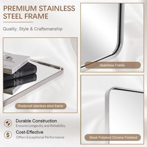 ANDY STAR 28x36 INCH Chrome Bathroom Mirrors, Polished Chrome Bathroom Mirror, Rounded Rectangle Mirror, Anti-Rust SUS304, Tube Metal Frame, 1’’ Deep Wall Mounted Vertically/Horizontal for Bathroom