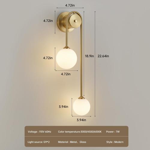Golden Wall lamp Double Ball, mid-Century Modern Glass Wall sconces,with G9 Tricolor Bulb for Living Room Bedroom Bedside Stairs Restaurant Bathroom Corridor Aisle Lighting