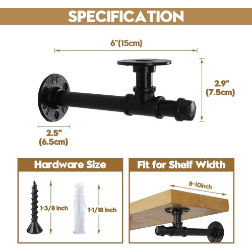 AddGrace 6 Pack Pipe Shelf Brackets 6 inches, DIY Industrial Floating Shelf Brackets Heavy Duty, Decorative Vintage Look Rustic Shelf Brackets, Wall Mounted Anti-Rust Shelf Supports
