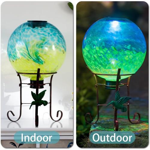 10 Diameter Solar Color-Changing Gazing Ball with 8.5 Hummingbird Metal Stand Indoor Outdoor Glass Globe Sphere Yard Ornament Solar Gazing Balls for Garden,Lawn,Patio,Porch,Gift for Women