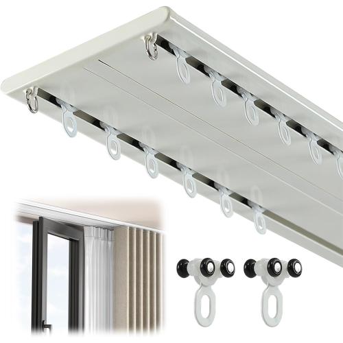 Double Row Curtain Track Silent Heavy Duty Drop Ceiling Curtain Track, Aluminum Alloy Ceiling Drape Track Set, for Living Room Bedroom Hospital Easy Install, White,2.2m(7.2ft)