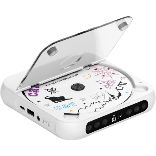 CD Player Portable with Dual Stereo Speakers, Rechargeable Portable CD Player with Bluetooth for Home with Headphones, Support CD/AUX/USB, White