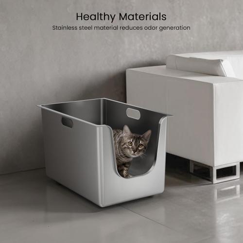 Stainless Steel Litter Box 13.7'' High Sides, XL Metal Cat Litter Box with Curved Low Entry, Cat Litter Pan for Big & Multiple Cats, Pet Toliet with Handy Wheels for Easy Moving