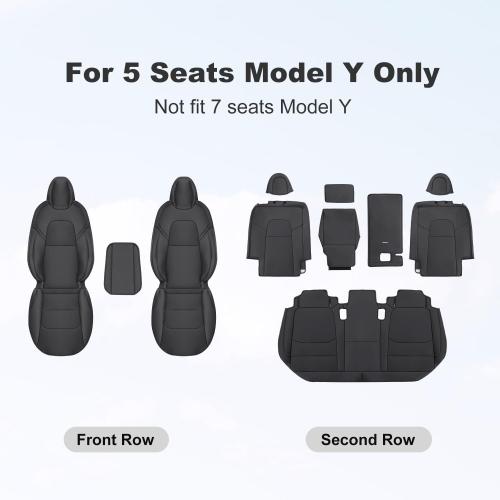 Tesla Model Y Car Seat Covers Nappa Leather Car Interior Seat Airbag Compatible Cushion Cover Full Set Custom Fit 2024 2023 2022 2021 2020, Nappa Black