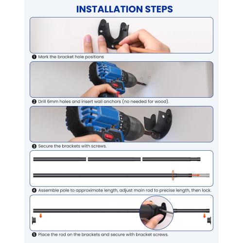 Closet Rods for Hanging Clothes, 17 to 129 Inches Stepless Adjustable Metal Closet Rod, 1.3 Inches Heavy Duty Clothes Hanging Rod for Closet Wardrobes Laundry RV, Black