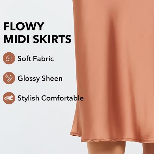Size S Women Solid High Waist Silky Casual Elastic Satin Midi Skirt -Made in USA (Available in Plus Size)