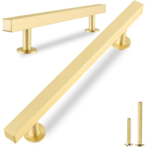 QOGRISUN 5-Pack Solid Brass Cabinet Handles, Gold Square T Bar Cabinet Pulls, 5 Inch Hole Center for Kitchen Dresser Drawer Cupboard, Brushed Brass Finish