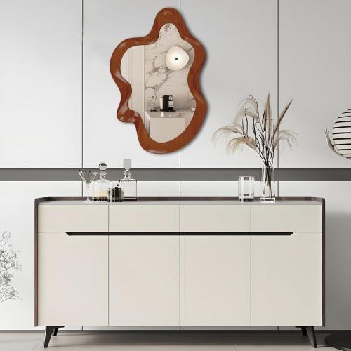 32x 21 Irregular Wall Mirror, Walnut Wooden Framed Asymmetrical Wall Mirror for Living Room Bedroom Entryway Bathroom Modern Decorative Hanging Hooks