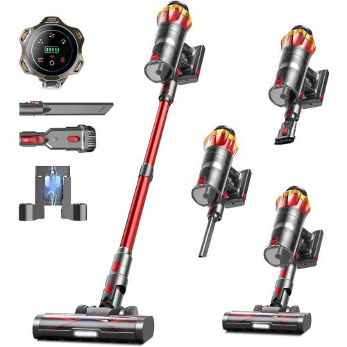 Cordless Vacuum Cleaner, 650W/55KPa 70Mins Vacuum Cleaners for Home, Self-Standing Stick Vacuum with Anti-Tangle Brush & OLED Touch Screen, Vacuum Cleaner for Hardwood Floors,Carpet,Pet Hair,Car (Red)