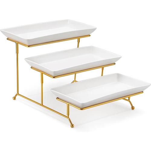 MALACASA 3 Tier Serving Trays for Party, 12 Inch Porcelain White Trays for Serving Food, Dessert Stand with Collapsible Gold Metal Rack