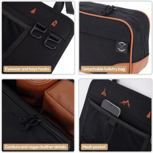 Living in a Bubble Seat back Organizer – Magnetic Toiletry and Cooler Pouch, Cordura Car Backseat Storage with Device Holder & Hooks, Multi-Compartment Utility Bag for Campervans & Family Travel