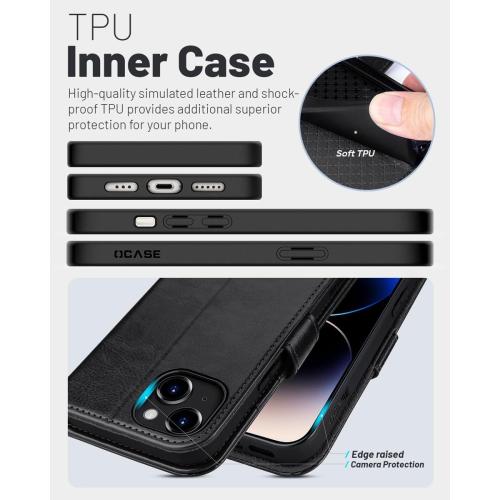 OCASE for iPhone 15 Wallet Case, Card Holder, Black